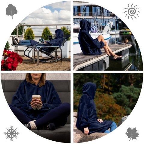 Granatowa bluza koc oversize 2w1 – ciepła i miękka narzutka idealna do relaksu w domu, na tarasie i podczas wyjazdów