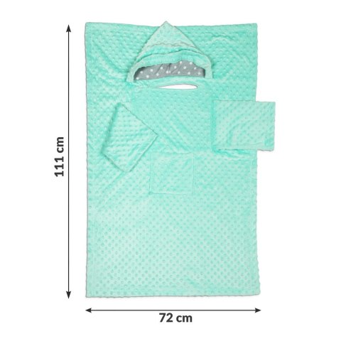 Miętowa bluza-kocyk dziecięca minky z kapturem, rozłożona na płasko – wymiary 111 cm długości i 72 cm szerokości