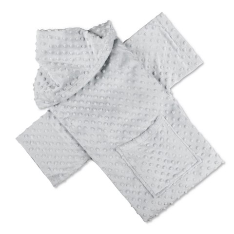 Szara bluza-kocyk dziecięca minky z kapturem i dużą kieszenią, wykonana z miękkiego materiału w wypustki