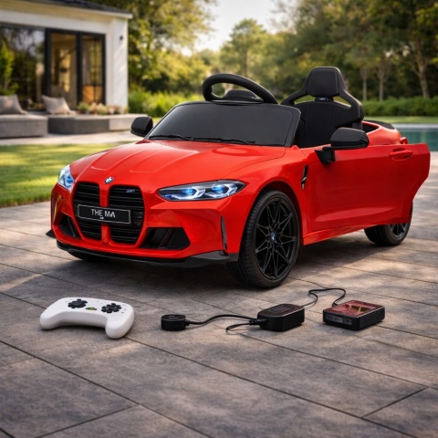 Czerwone BMW M4 na akumulator 12V dla dziecka – sportowe auto z pilotem 2.4GHz, światła LED, koła EVA