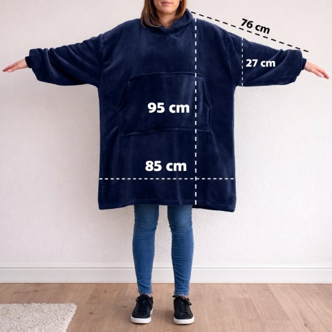 Granatowa bluza koc oversize 95x85 cm – rozmiar uniwersalny, szerokie rękawy i luźny krój zapewniają maksymalny komfort i ciepło