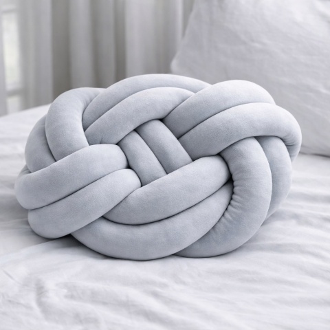Jasnoszara poduszka dekoracyjna węzeł knot pillow na łóżku