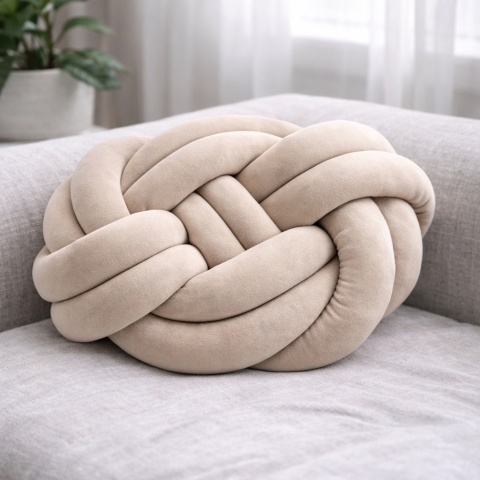 Beżowa poduszka dekoracyjna węzeł knot pillow na kanapie