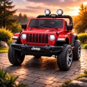 Czerwony Jeep Wrangler 12V 4x4 na akumulator dla dzieci z pilotem 2.4Ghz, miękkie koła EVA, światła LED