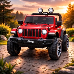 Czerwony Jeep Wrangler 12V 4x4 na akumulator dla dzieci z pilotem 2.4Ghz, miękkie koła EVA, światła LED
