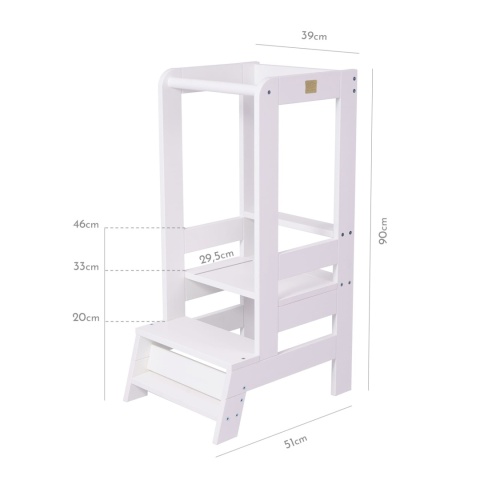 Biały kitchen helper Montessori – wymiary wieży kuchennej dla dzieci 90x51x39cm