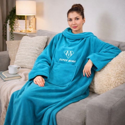 Turkusowa bluza koc Super Mama – miękka i ciepła bluza oversize z kapturem, idealna do relaksu w domu i jako wyjątkowy prezent