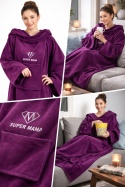 Fioletowa bluza koc Super Mama – miękka i ciepła bluza oversize z kapturem, idealna do relaksu w domu i na prezent dla mamy