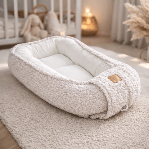 Kokon niemowlęcy teddy boucle premium z miękkim materacykiem i regulowanym wiązaniem