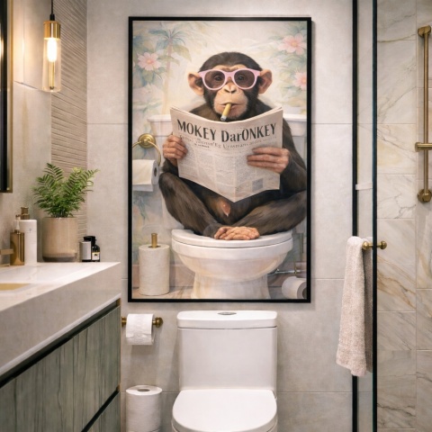 Plakat z zabawną małpką czytającą gazetę w czarnej ramie w nowoczesnej łazience
