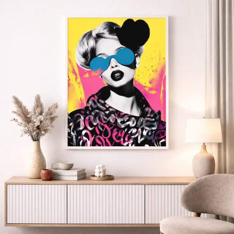 Nowoczesny plakat pop art w białej ramie – designerska ozdoba ściany do salonu lub sypialni