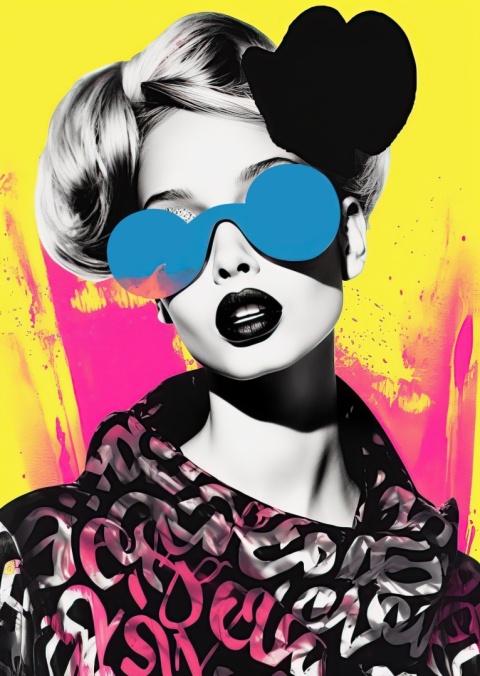 Plakat pop art z wizerunkiem kobiety w niebieskich okularach na żółto-różowym tle – nowoczesna grafika na ścianę