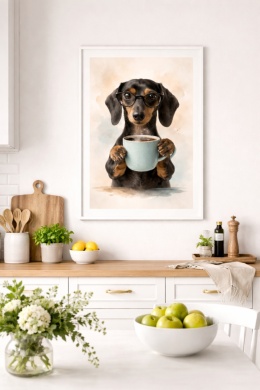 Pastelowy plakat z jamnikiem z kawą w bialej ramie – wizualizacja w jasnej kuchni