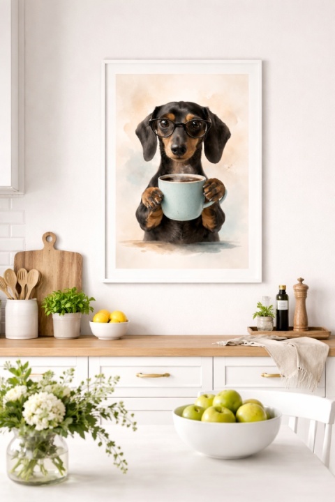 Pastelowy plakat z jamnikiem z kawą w bialej ramie – wizualizacja w jasnej kuchni