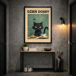 Plakat Dzień Dobry z czarnym kotem w czarnej ramie w nowoczesnym loftowym korytarzu