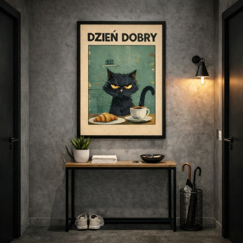 Plakat Dzień Dobry z czarnym kotem w czarnej ramie w nowoczesnym loftowym korytarzu
