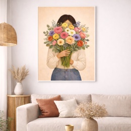 Plakat 50x70 cm w białej ramie przedstawiający kobietę z dużym, kolorowym bukietem kwiatów, zawieszony nad sofą w jasnym salonie