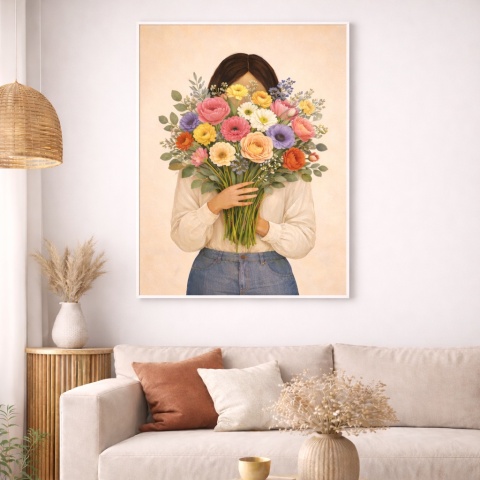 Plakat 50x70 cm w białej ramie przedstawiający kobietę z dużym, kolorowym bukietem kwiatów, zawieszony nad sofą w jasnym salonie