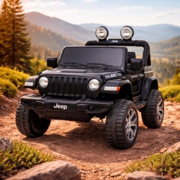 Czarny Jeep Wrangler Rubicon na akumulator dla dzieci, terenowe auto 4x4 z dużymi kołami i światłami LED