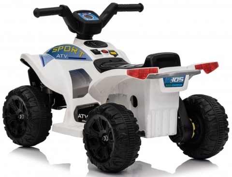 Biały quad elektryczny ATV dla dziecka – widok z tyłu, stabilne koła i solidna konstrukcja zapewniająca bezpieczną jazdę