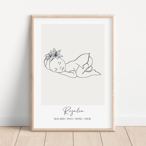 Metryczka dziecka line art z imieniem Rozalia