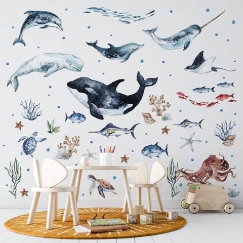 Naklejki na ścianę dla dzieci ocean z orką, delfinami, narwalem i ośmiornicą