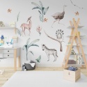 Pokój dziecięcy z naklejkami safari – zebra, struś, lemur i liście w stylu akwareli