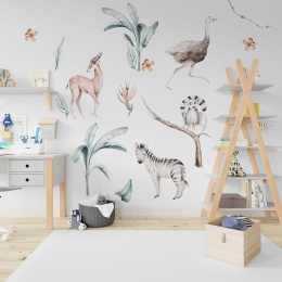 Pokój dziecięcy z naklejkami safari – zebra, struś, lemur i liście w stylu akwareli