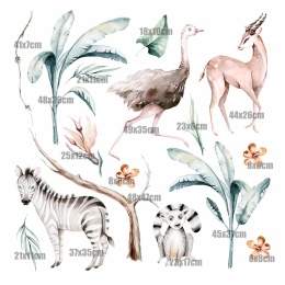 Naklejki ścienne safari mini – zebra, struś, antylopa, lemur i rośliny z wymiarami elementów