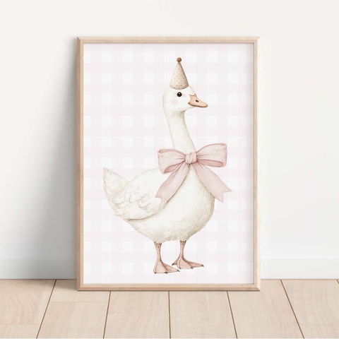 Plakat dla dzieci z ilustracją gąski w czapeczce i różową kokardą, dekoracja ścienna do pokoju dziewczynki