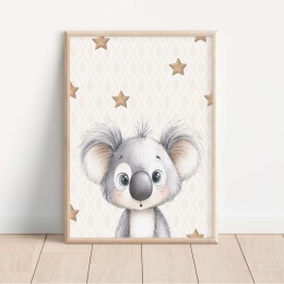 Plakat dziecięcy koala - dekoracja ścienna do pokoju dziecka, plakat dla dziewczynki i chłopca, styl skandynawski, gwiazdki