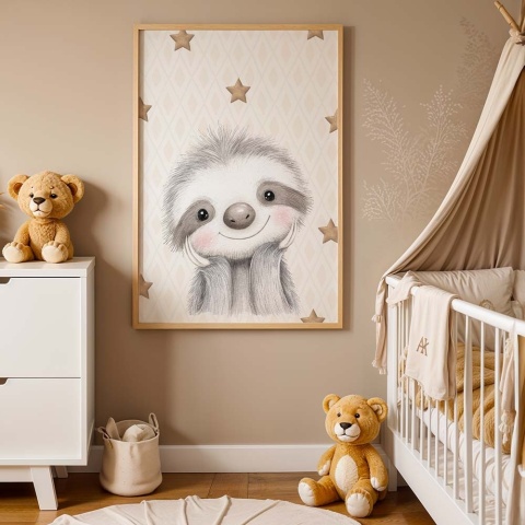 Plakat dla dzieci z uroczym leniwcem w drewnianej ramie, beżowa dekoracja ścienna do pokoju dziecka ze złotymi gwiazdkami