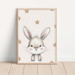 Plakat króliczek dla dzieci z gwiazdkami, delikatna ilustracja w pastelowych kolorach do pokoju niemowlaka lub dziecka