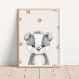 Plakat borsuk dla dzieci z gwiazdkami, ilustracja w beżowych kolorach do pokoju niemowlaka lub dziecka