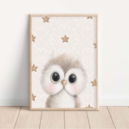 Plakat sowa dla dzieci z gwiazdkami, ilustracja w beżowych kolorach do pokoju niemowlaka lub dziecka