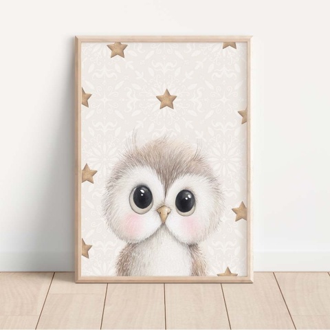 Plakat sowa dla dzieci z gwiazdkami, ilustracja w beżowych kolorach do pokoju niemowlaka lub dziecka