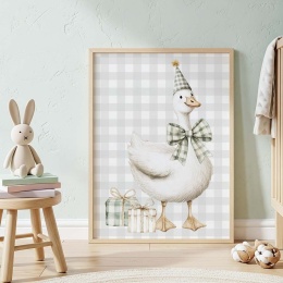 „Plakat dziecięcy z gąską w czapeczce i kokardzie oraz prezentami, ilustracja akwarelowa w pastelowych kolorach