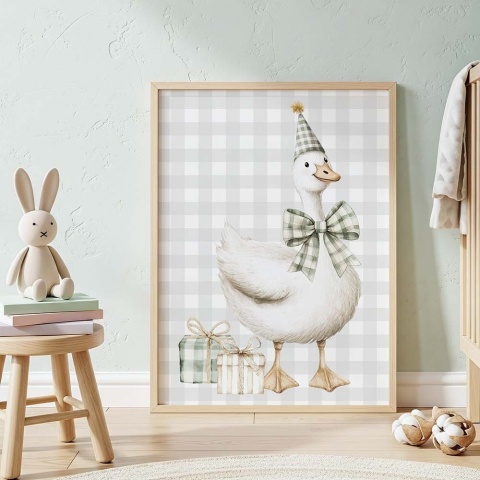 „Plakat dziecięcy z gąską w czapeczce i kokardzie oraz prezentami, ilustracja akwarelowa w pastelowych kolorach