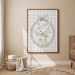 Plakat z gąską w ozdobnej ramie, dekoracja do pokoju niemowlaka w stylu boho z naturalnymi dodatkami