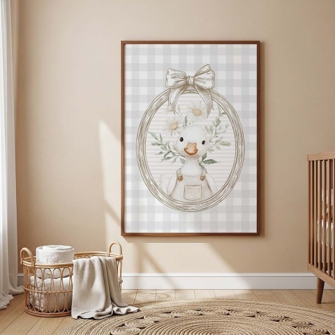 Plakat z gąską w ozdobnej ramie, dekoracja do pokoju niemowlaka w stylu boho z naturalnymi dodatkami