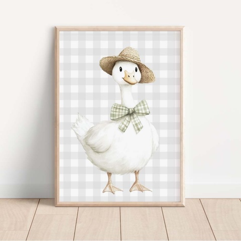 Plakat z gąską w kapeluszu w ramie, dekoracja do pokoju niemowlaka w stylu boho z drewnianym łóżeczkiem