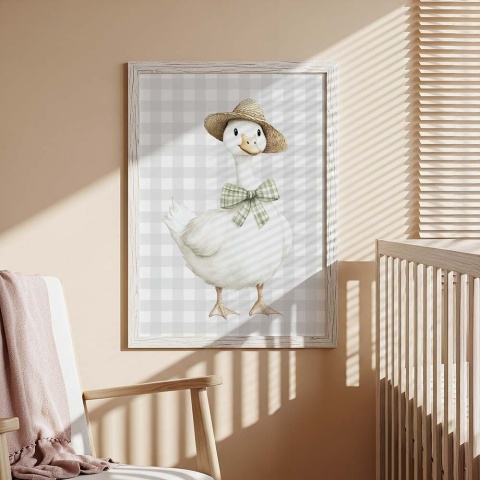 Plakat dziecięcy z gąską w kapeluszu i kokardą, ilustracja akwarelowa w pastelowych kolorach