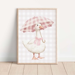 Plakat dziecięcy gąska z różową parasolką, pastelowa dekoracja do pokoju dziewczynki
