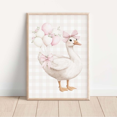 Plakat dziecięcy gąska z balonami i kokardą, pastelowa dekoracja do pokoju dziewczynki