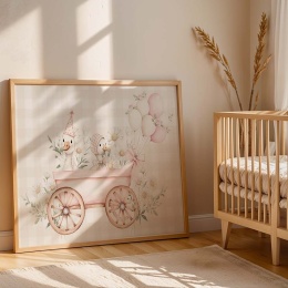 Pastelowy plakat dziecięcy z gąskami w wózku i stokrotkami, ozdoba do pokoju niemowlaka