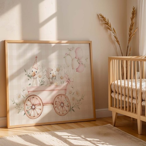 Pastelowy plakat dziecięcy z gąskami w wózku i stokrotkami, ozdoba do pokoju niemowlaka