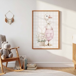 Pastelowy plakat dziecięcy gąska z koszykiem kwiatów, ozdoba do pokoju niemowlaka