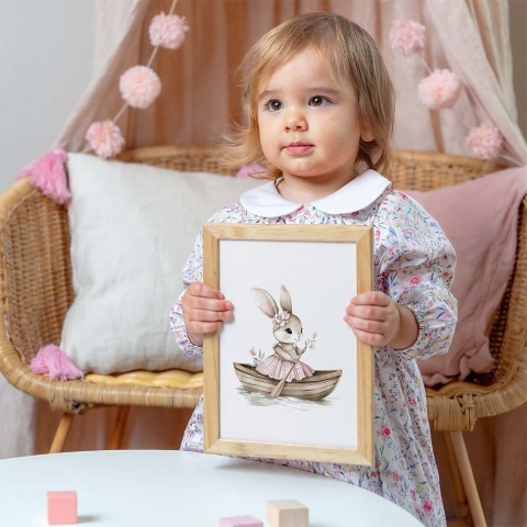 plakat króliczek w łódce w ramce dekoracja pokoju dziewczynki styl boho pastelowy