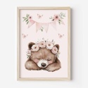 plakat dla dziewczynki miś z kwiatami pastelowa ilustracja do pokoju dziecka
