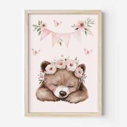 plakat dla dziewczynki miś z kwiatami pastelowa ilustracja do pokoju dziecka